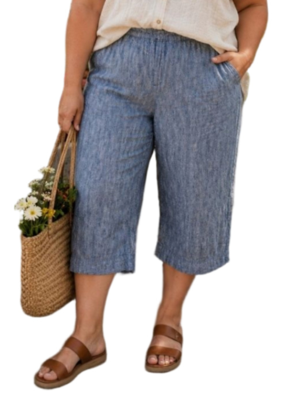 Talbots Women's Wide Leg Cropped Pants Linen Cotton Chambray Sz 16P Summer